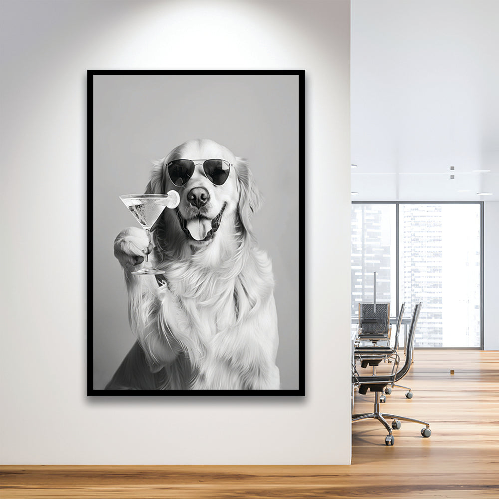 Golden Retriever Holding A Cocktail Framed Art Print Wall Decor, Black and White, Dog Gift, Martini, Bar Cart Decor