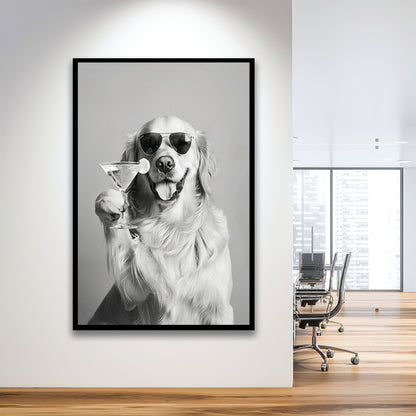 Golden Retriever Holding A Cocktail Framed Art Print Wall Decor, Black and White, Dog Gift, Martini, Bar Cart Decor