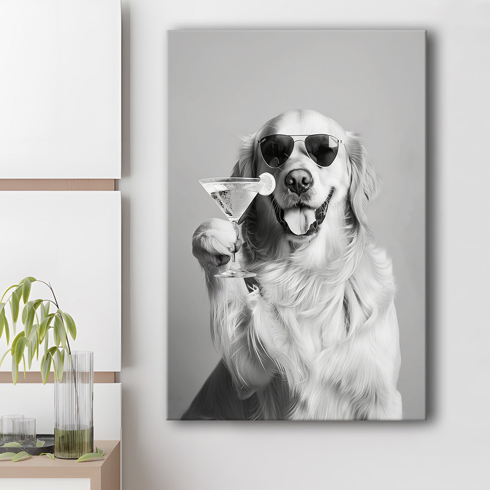 Golden Retriever Holding A Cocktail Canvas Print Wall Art, Black and White, Dog Gift, Martini, Bar Cart Decor