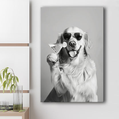 Golden Retriever Holding A Cocktail Canvas Print Wall Art, Black and White, Dog Gift, Martini, Bar Cart Decor