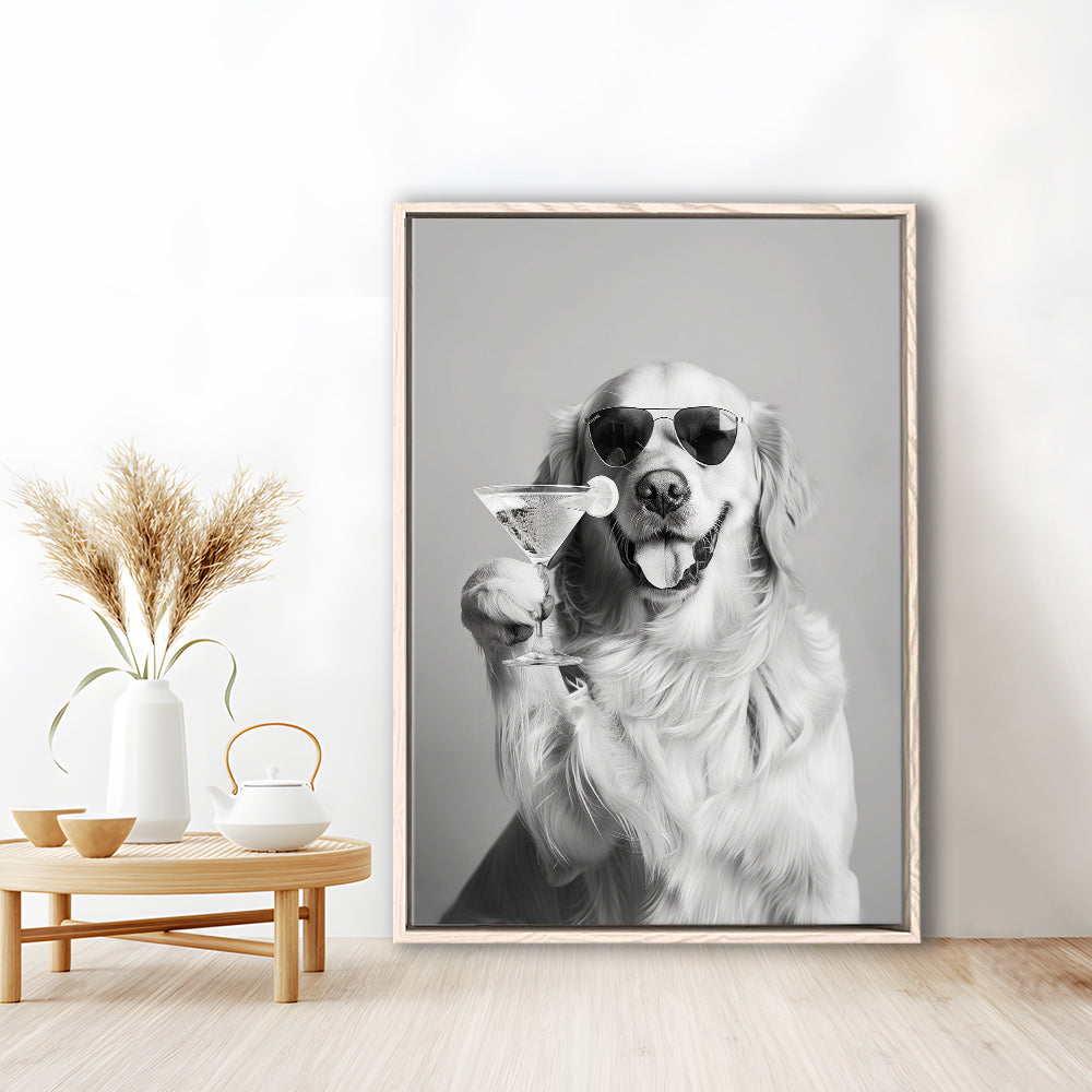 Golden Retriever Holding A Cocktail Framed Canvas Print Wall Art, Black and White, Dog Gift, Martini, Bar Cart Decor