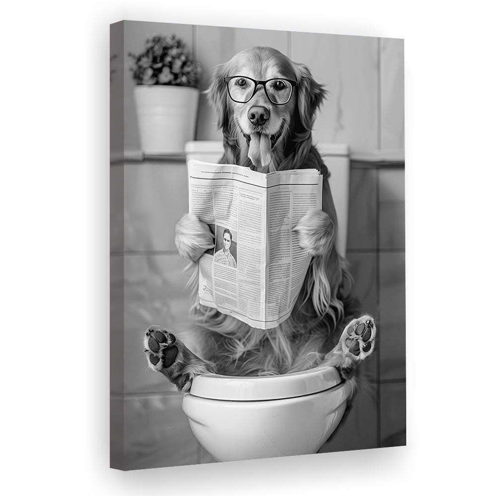 Golden Retriever Sitting On Toilet Canvas Print Wall Art, Dog Reading Newspaper, Black and White, Bathroom Wall Decor