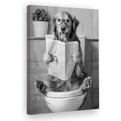 Golden Retriever Sitting On Toilet Canvas Print Wall Art, Dog Reading Newspaper, Black and White, Bathroom Wall Decor