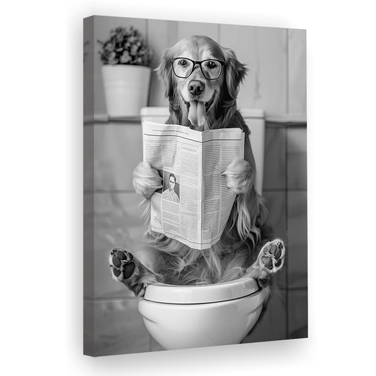 Golden Retriever Sitting On Toilet Canvas Print Wall Art, Dog Reading Newspaper, Black and White, Bathroom Wall Decor