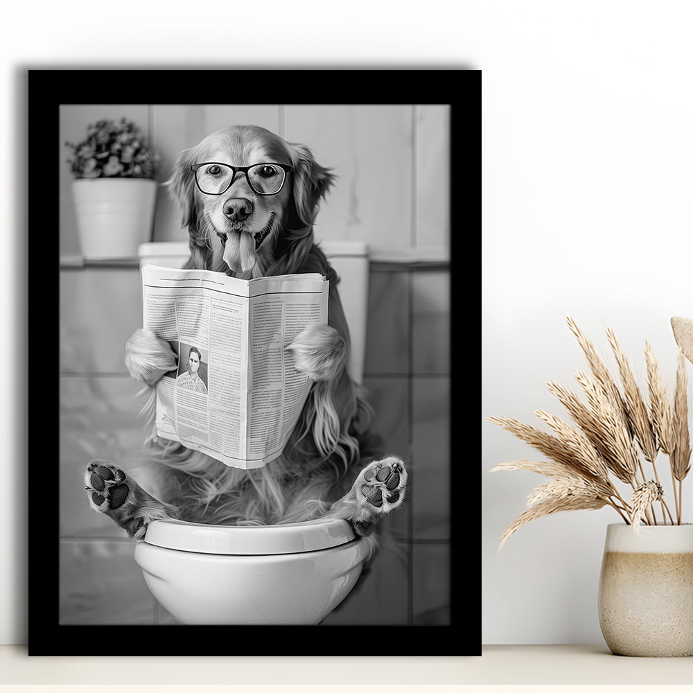 Golden Retriever Sitting On Toilet Framed Art Print Wall Decor, Dog Reading Newspaper, Black and White, Bathroom Decor