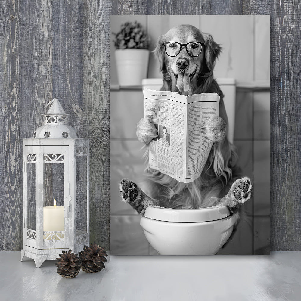 Golden Retriever Sitting On Toilet Canvas Print Wall Art, Dog Reading Newspaper, Black and White, Bathroom Wall Decor
