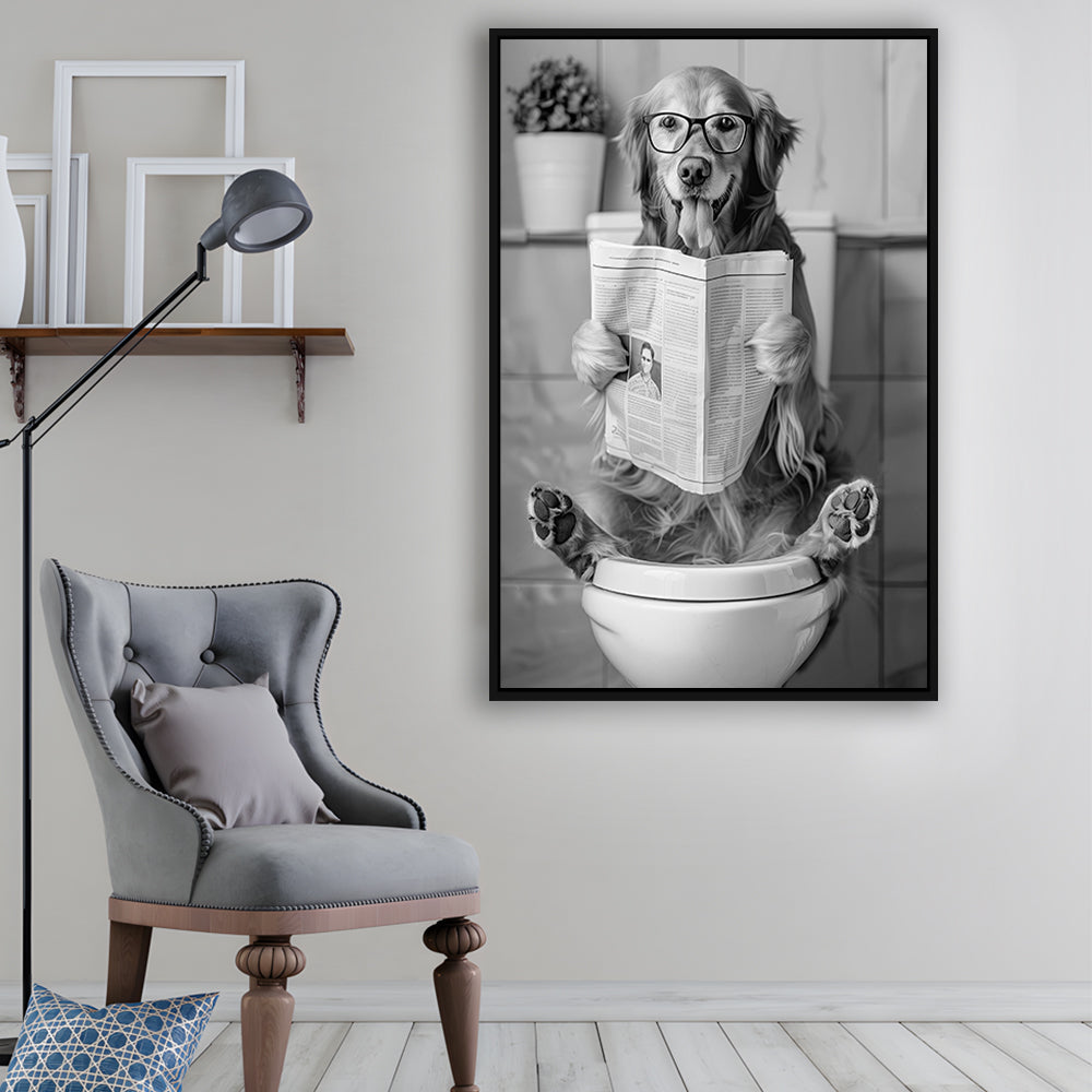 Golden Retriever Sitting On Toilet Framed Canvas Print Wall Art, Dog Reading Newspaper, Black and White, Bathroom Decor