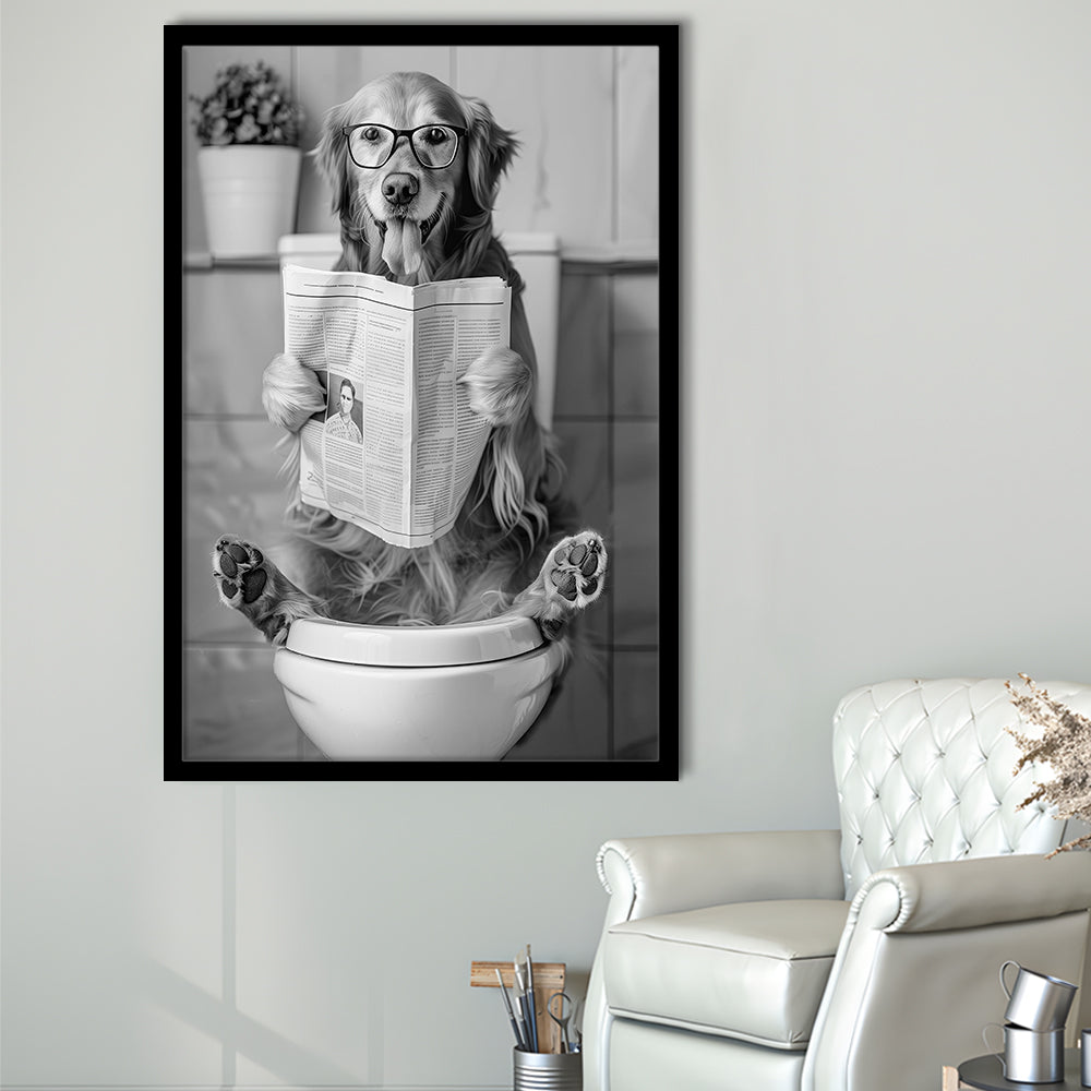 Golden Retriever Sitting On Toilet Framed Art Print Wall Decor, Dog Reading Newspaper, Black and White, Bathroom Decor