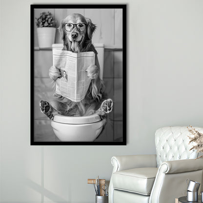 Golden Retriever Sitting On Toilet Framed Art Print Wall Decor, Dog Reading Newspaper, Black and White, Bathroom Decor