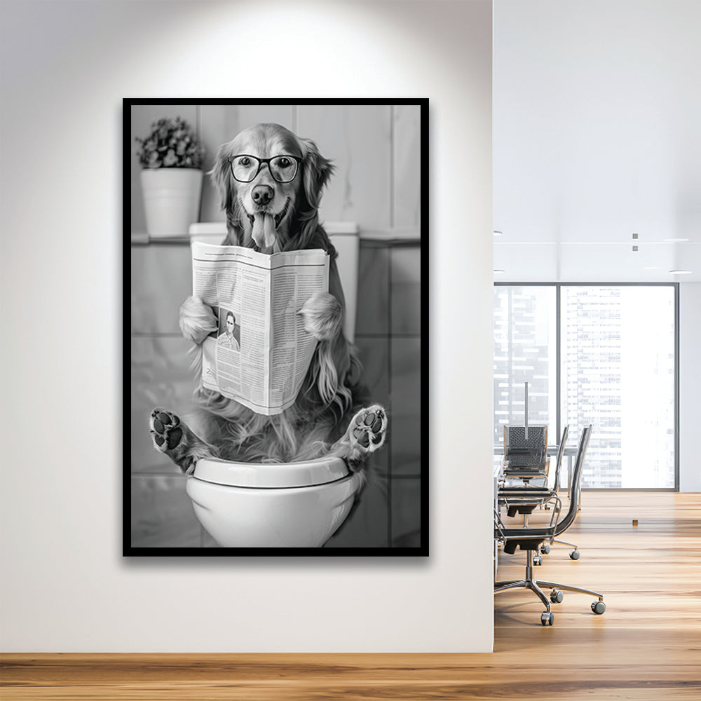 Golden Retriever Sitting On Toilet Framed Art Print Wall Decor, Dog Reading Newspaper, Black and White, Bathroom Decor