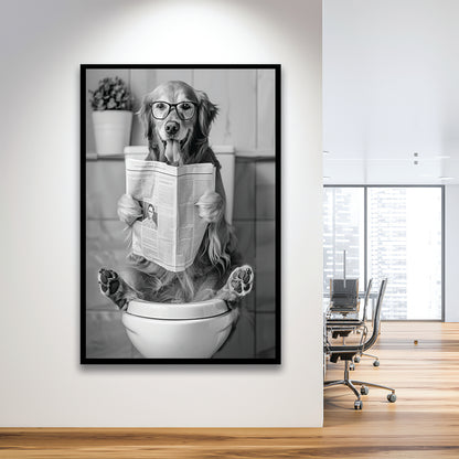 Golden Retriever Sitting On Toilet Framed Art Print Wall Decor, Dog Reading Newspaper, Black and White, Bathroom Decor
