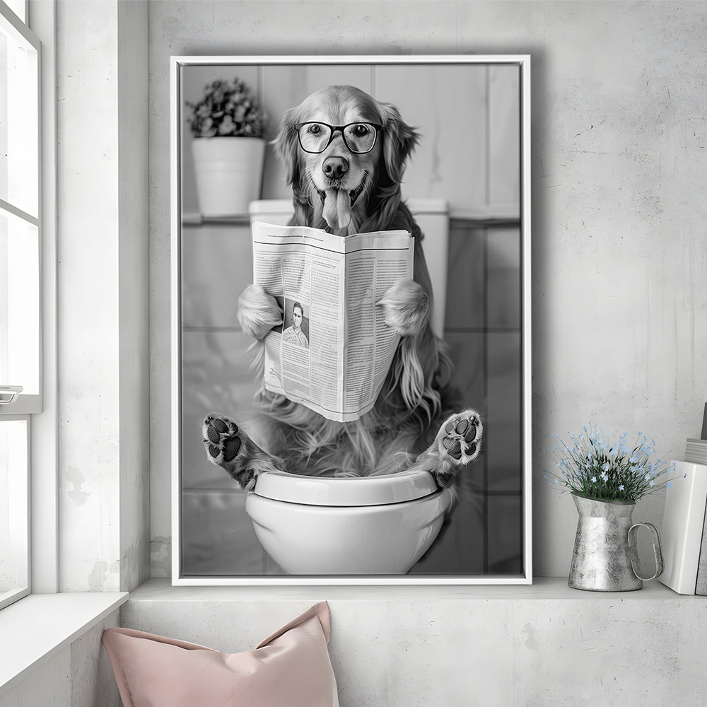 Golden Retriever Sitting On Toilet Framed Canvas Print Wall Art, Dog Reading Newspaper, Black and White, Bathroom Decor