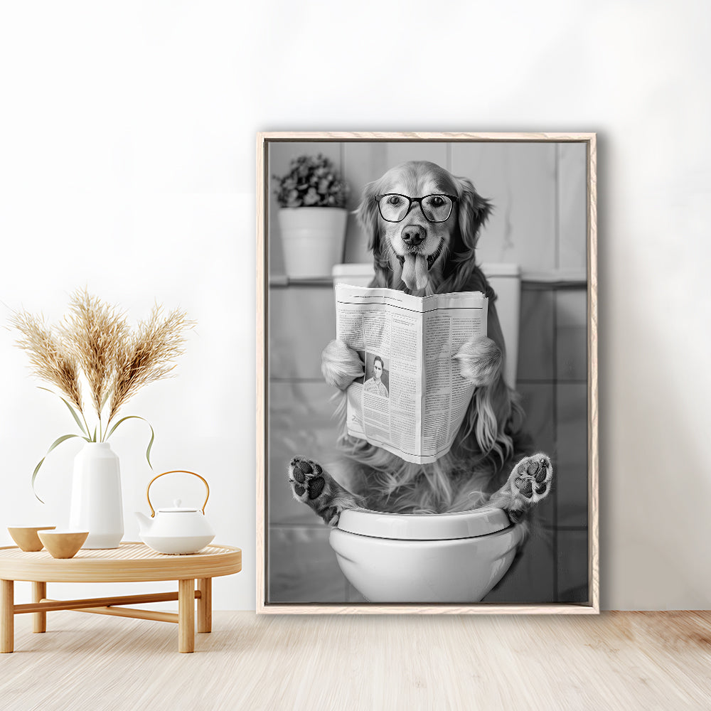 Golden Retriever Sitting On Toilet Framed Canvas Print Wall Art, Dog Reading Newspaper, Black and White, Bathroom Decor