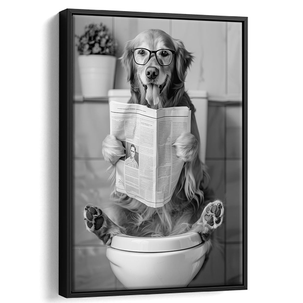 Golden Retriever Sitting On Toilet Framed Canvas Print Wall Art, Dog Reading Newspaper, Black and White, Bathroom Decor