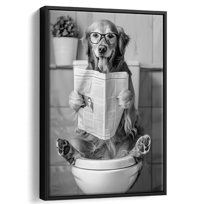 Golden Retriever Sitting On Toilet Framed Canvas Print Wall Art, Dog Reading Newspaper, Black and White, Bathroom Decor