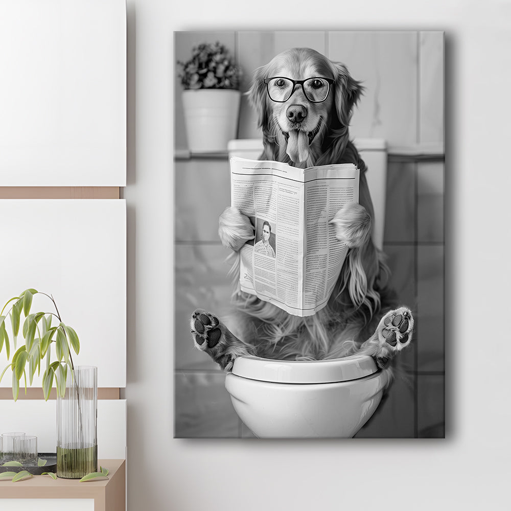 Golden Retriever Sitting On Toilet Canvas Print Wall Art, Dog Reading Newspaper, Black and White, Bathroom Wall Decor