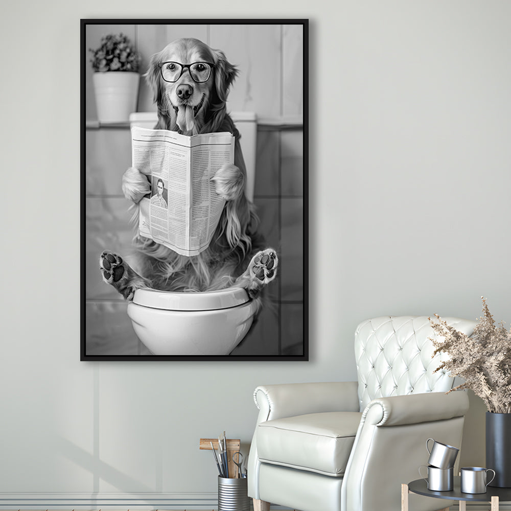Golden Retriever Sitting On Toilet Framed Canvas Print Wall Art, Dog Reading Newspaper, Black and White, Bathroom Decor