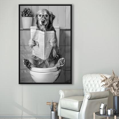 Golden Retriever Sitting On Toilet Framed Canvas Print Wall Art, Dog Reading Newspaper, Black and White, Bathroom Decor