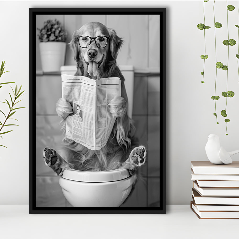 Golden Retriever Sitting On Toilet Framed Canvas Print Wall Art, Dog Reading Newspaper, Black and White, Bathroom Decor