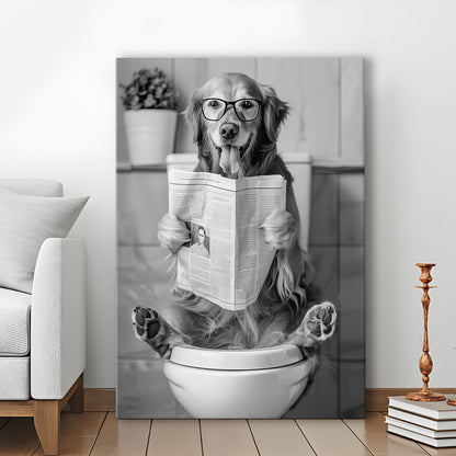 Golden Retriever Sitting On Toilet Canvas Print Wall Art, Dog Reading Newspaper, Black and White, Bathroom Wall Decor