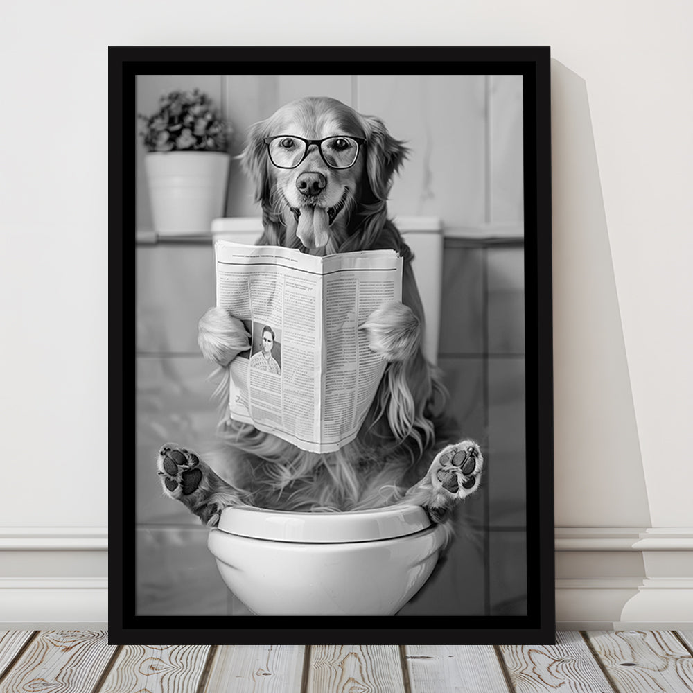 Golden Retriever Sitting On Toilet Framed Canvas Print Wall Art, Dog Reading Newspaper, Black and White, Bathroom Decor