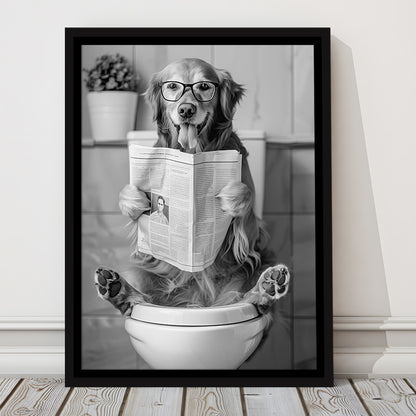 Golden Retriever Sitting On Toilet Framed Canvas Print Wall Art, Dog Reading Newspaper, Black and White, Bathroom Decor