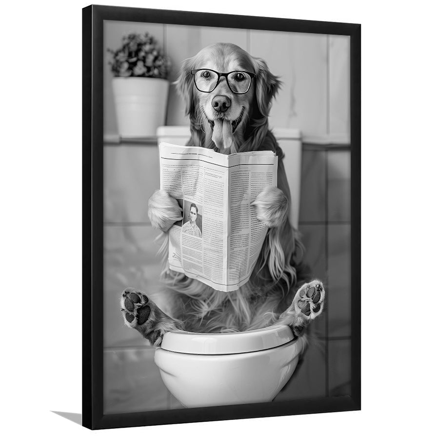 Golden Retriever Sitting On Toilet Framed Art Print Wall Decor, Dog Reading Newspaper, Black and White, Bathroom Decor