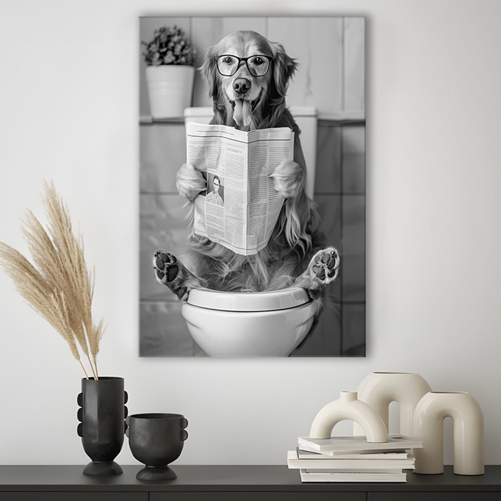 Golden Retriever Sitting On Toilet Canvas Print Wall Art, Dog Reading Newspaper, Black and White, Bathroom Wall Decor