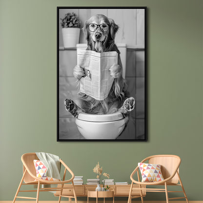 Golden Retriever Sitting On Toilet Framed Canvas Print Wall Art, Dog Reading Newspaper, Black and White, Bathroom Decor
