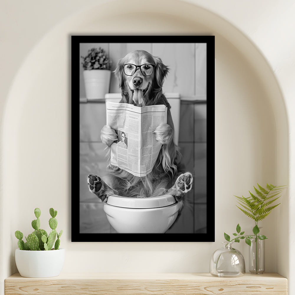 Golden Retriever Sitting On Toilet Framed Art Print Wall Decor, Dog Reading Newspaper, Black and White, Bathroom Decor