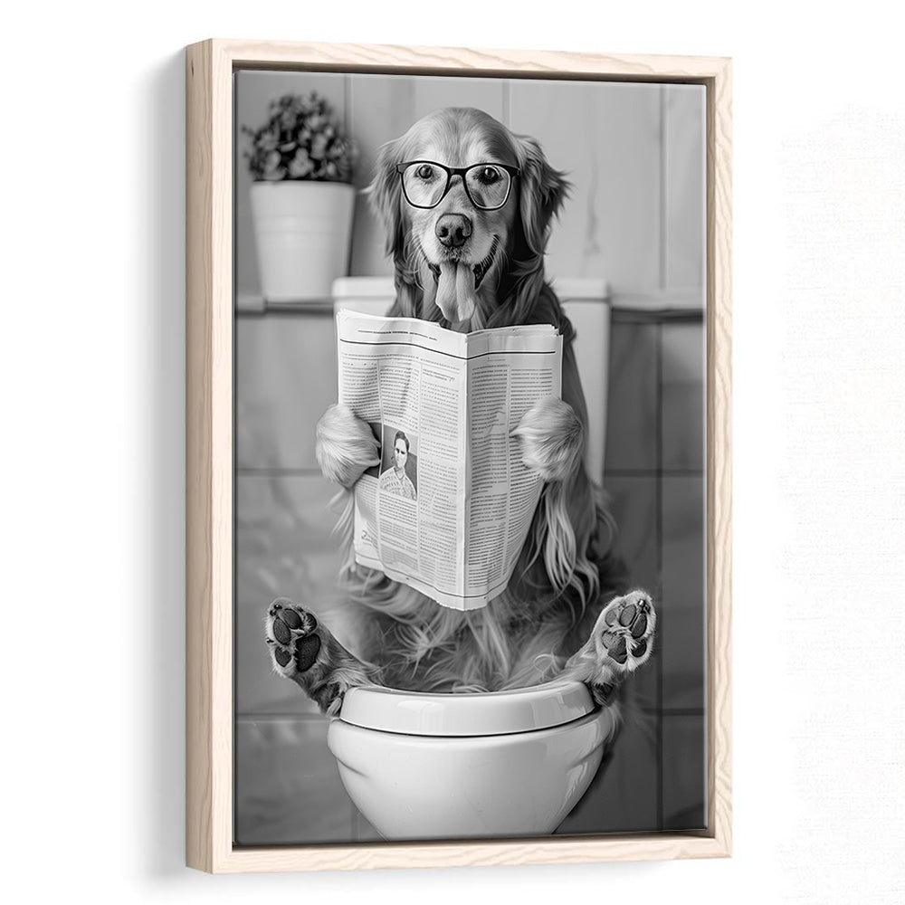 Golden Retriever Sitting On Toilet Framed Canvas Print Wall Art, Dog Reading Newspaper, Black and White, Bathroom Decor