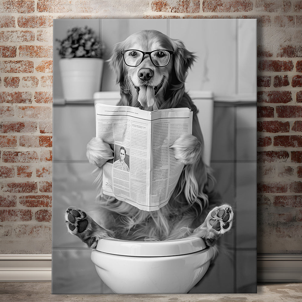 Golden Retriever Sitting On Toilet Canvas Print Wall Art, Dog Reading Newspaper, Black and White, Bathroom Wall Decor
