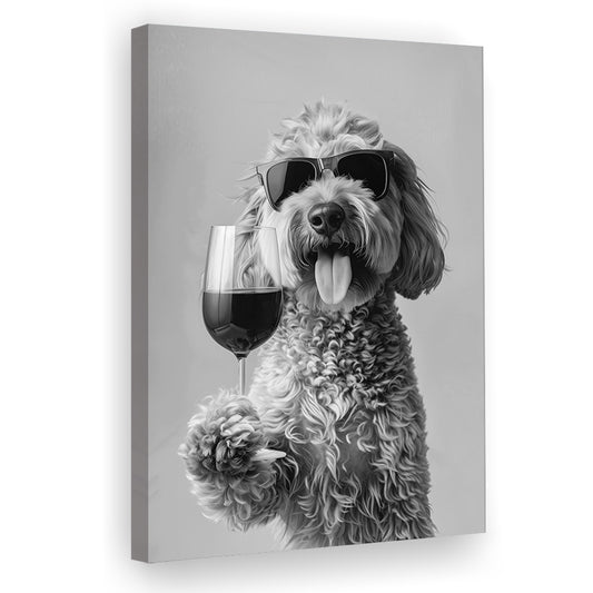 Goldendoodle Holding Red Wine Canvas Print Wall Art, Black and White, Dog Gift,, Bar Cart Print, Kitchen Wall Decor