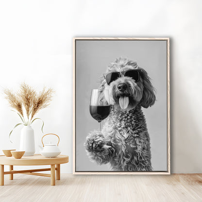 Goldendoodle Holding Red Wine Framed Canvas Print Wall Art, Black and White, Dog Gift, Bar Cart Print, Kitchen Wall Decor