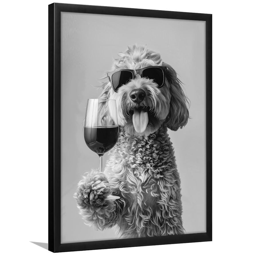 Goldendoodle Holding Red Wine Framed Art Print Wall Decor, Black and White, Dog Gift, Bar Cart Print, Kitchen Wall Decor
