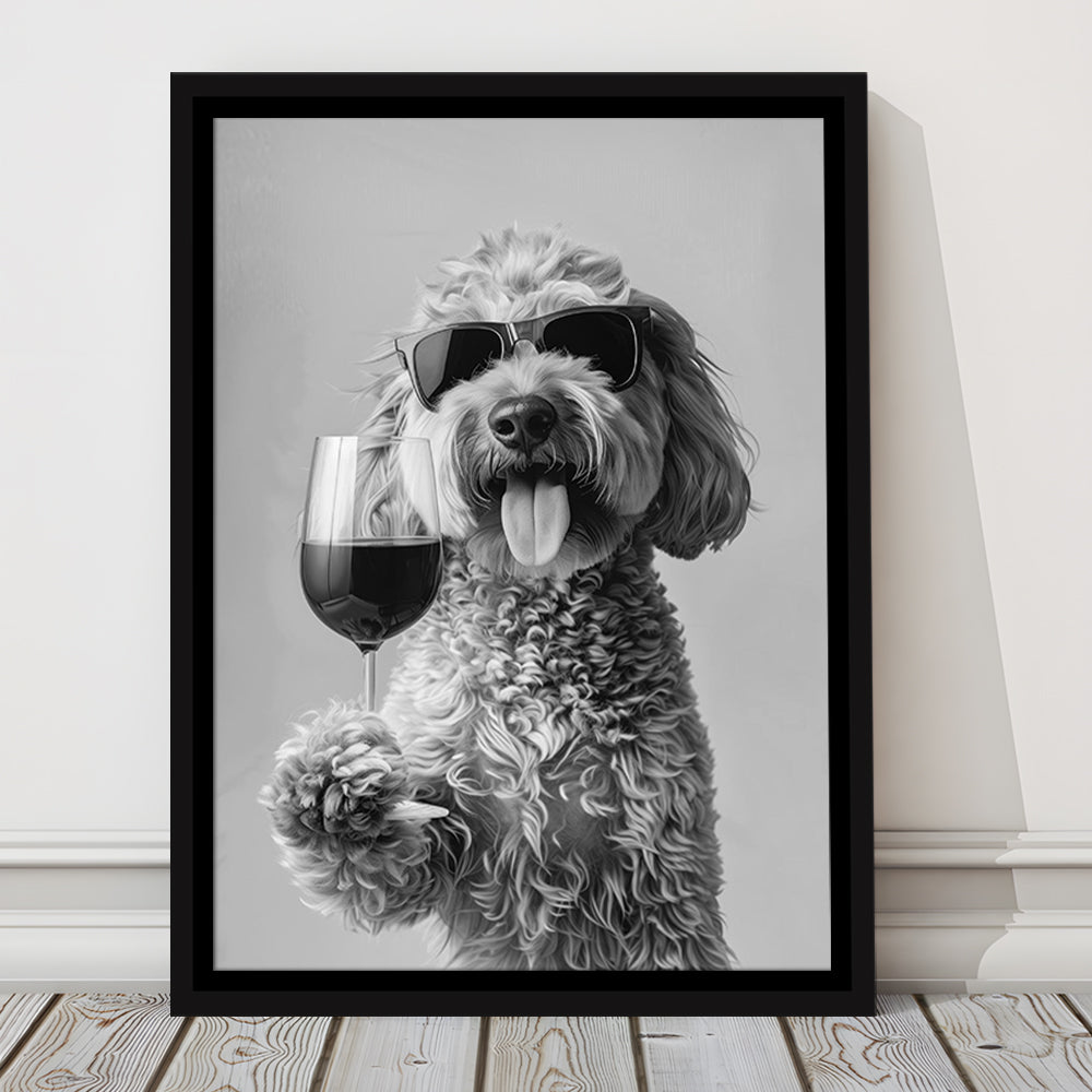 Goldendoodle Holding Red Wine Framed Canvas Print Wall Art, Black and White, Dog Gift, Bar Cart Print, Kitchen Wall Decor