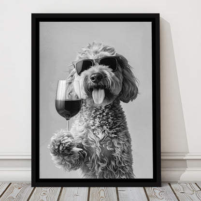 Goldendoodle Holding Red Wine Framed Canvas Print Wall Art, Black and White, Dog Gift, Bar Cart Print, Kitchen Wall Decor