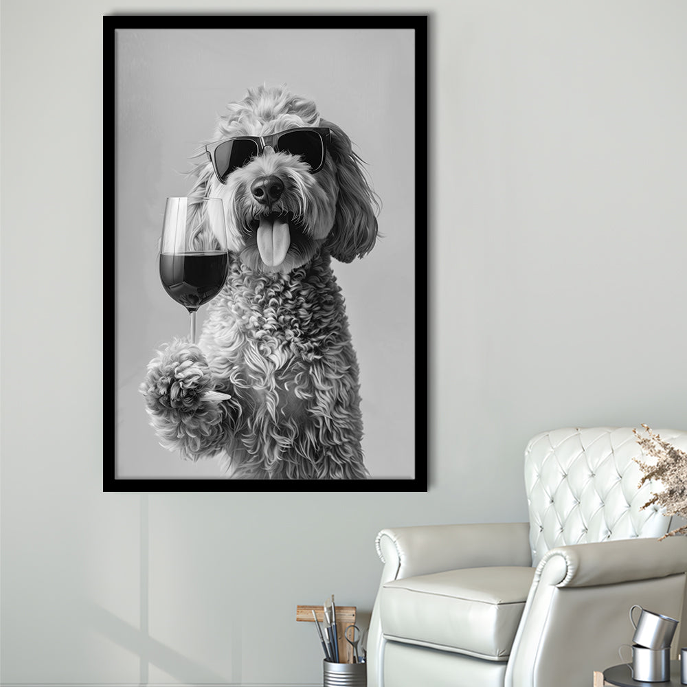 Goldendoodle Holding Red Wine Framed Art Print Wall Decor, Black and White, Dog Gift, Bar Cart Print, Kitchen Wall Decor