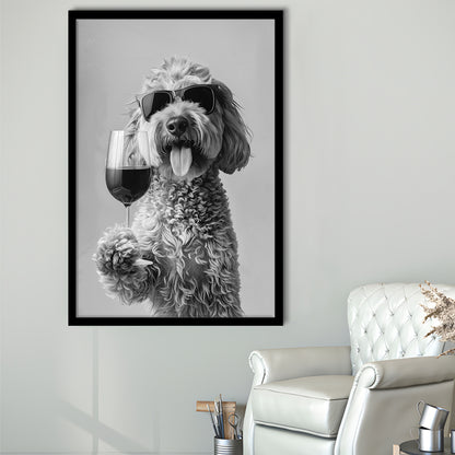Goldendoodle Holding Red Wine Framed Art Print Wall Decor, Black and White, Dog Gift, Bar Cart Print, Kitchen Wall Decor