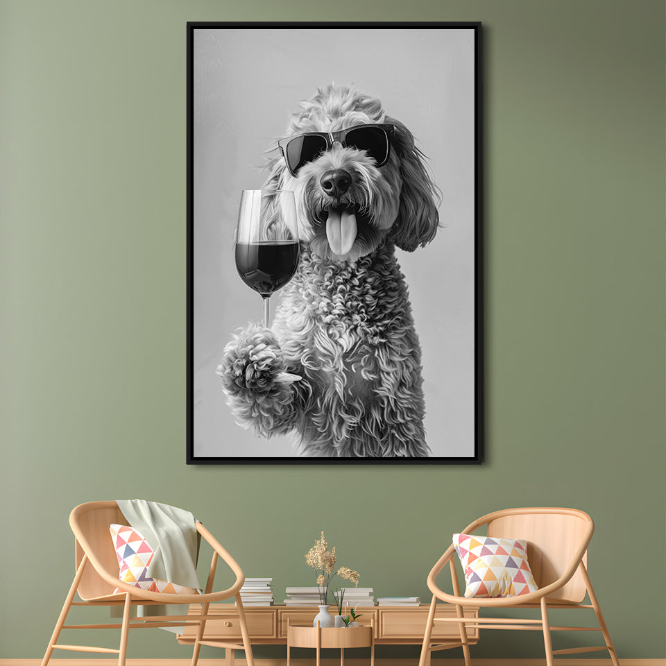 Goldendoodle Holding Red Wine Framed Canvas Print Wall Art, Black and White, Dog Gift, Bar Cart Print, Kitchen Wall Decor
