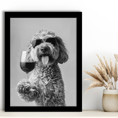 Goldendoodle Holding Red Wine Framed Art Print Wall Decor, Black and White, Dog Gift, Bar Cart Print, Kitchen Wall Decor