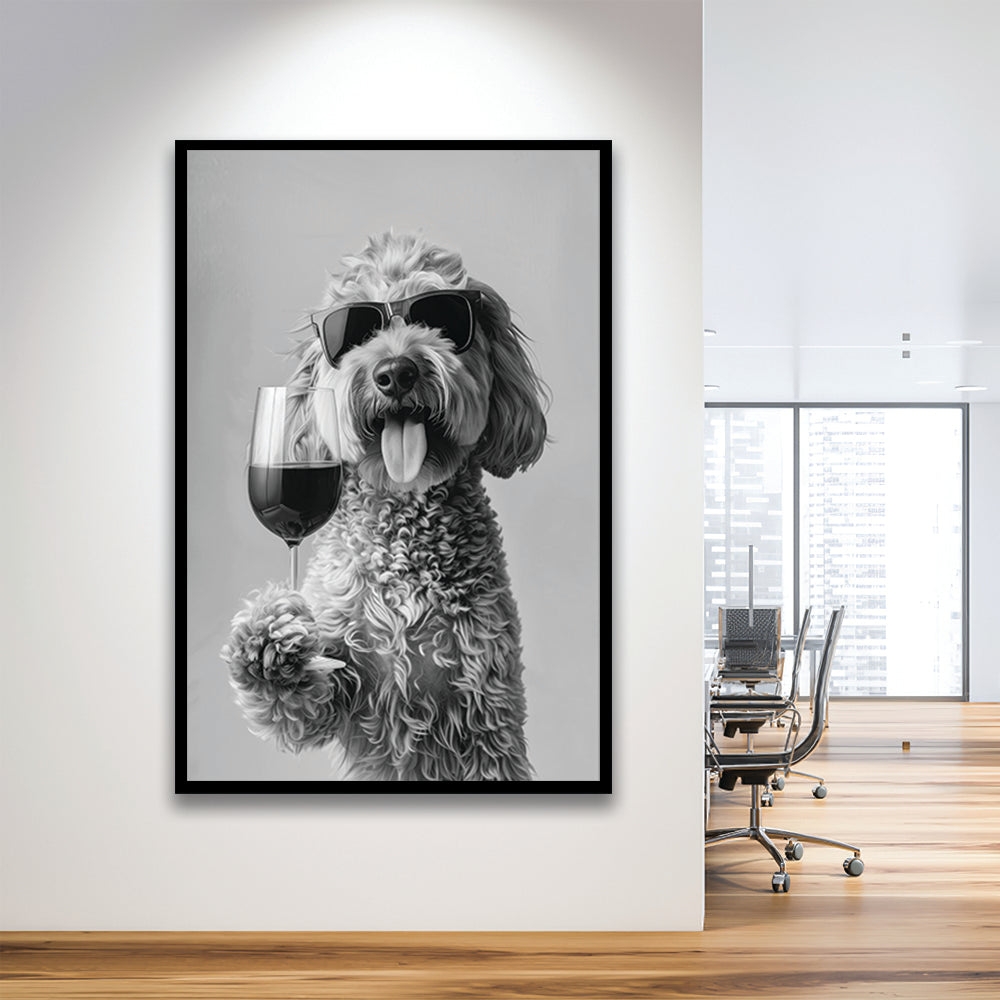 Goldendoodle Holding Red Wine Framed Art Print Wall Decor, Black and White, Dog Gift, Bar Cart Print, Kitchen Wall Decor