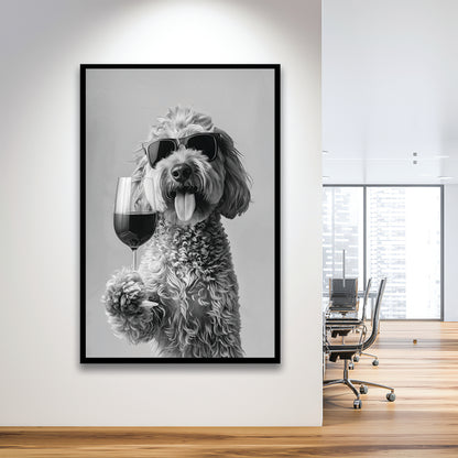 Goldendoodle Holding Red Wine Framed Art Print Wall Decor, Black and White, Dog Gift, Bar Cart Print, Kitchen Wall Decor