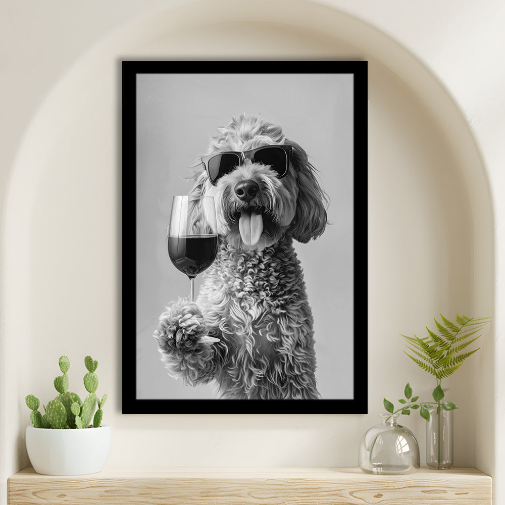 Goldendoodle Holding Red Wine Framed Art Print Wall Decor, Black and White, Dog Gift, Bar Cart Print, Kitchen Wall Decor