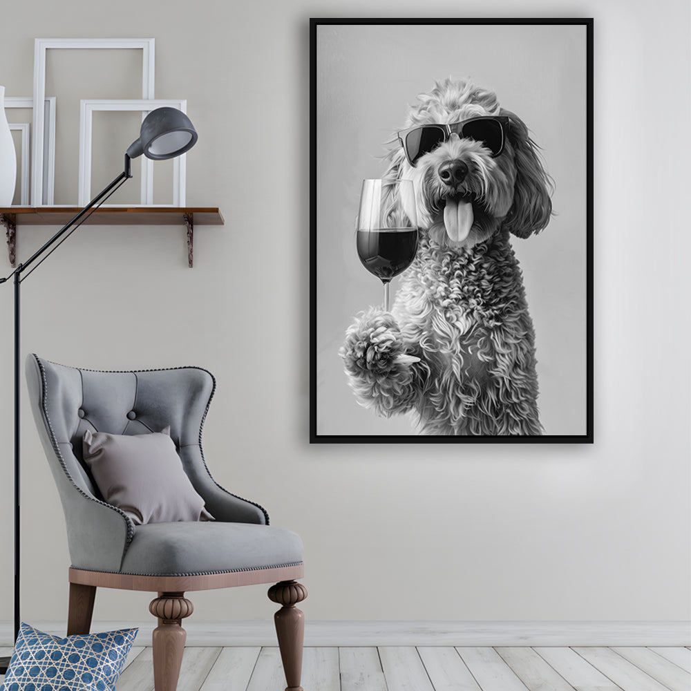 Goldendoodle Holding Red Wine Framed Canvas Print Wall Art, Black and White, Dog Gift, Bar Cart Print, Kitchen Wall Decor
