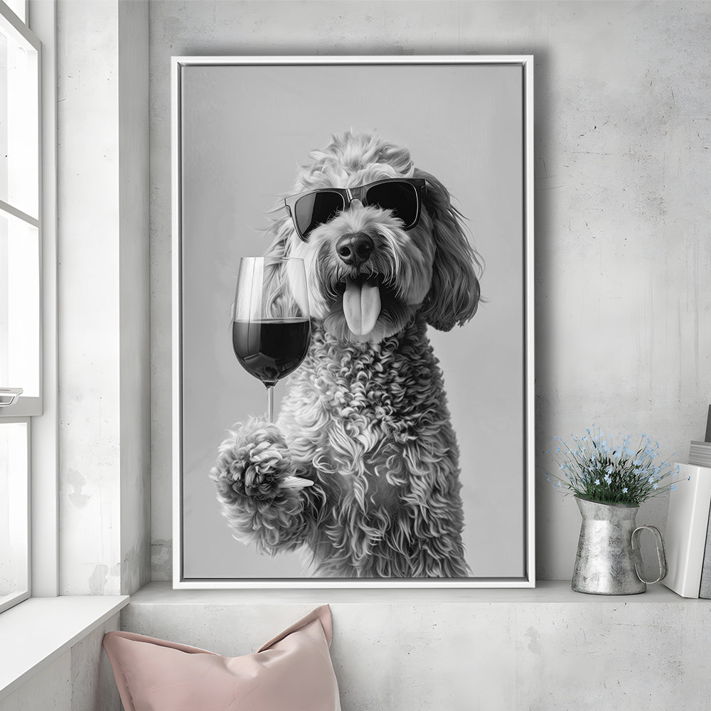 Goldendoodle Holding Red Wine Framed Canvas Print Wall Art, Black and White, Dog Gift, Bar Cart Print, Kitchen Wall Decor