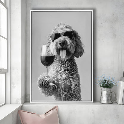 Goldendoodle Holding Red Wine Framed Canvas Print Wall Art, Black and White, Dog Gift, Bar Cart Print, Kitchen Wall Decor