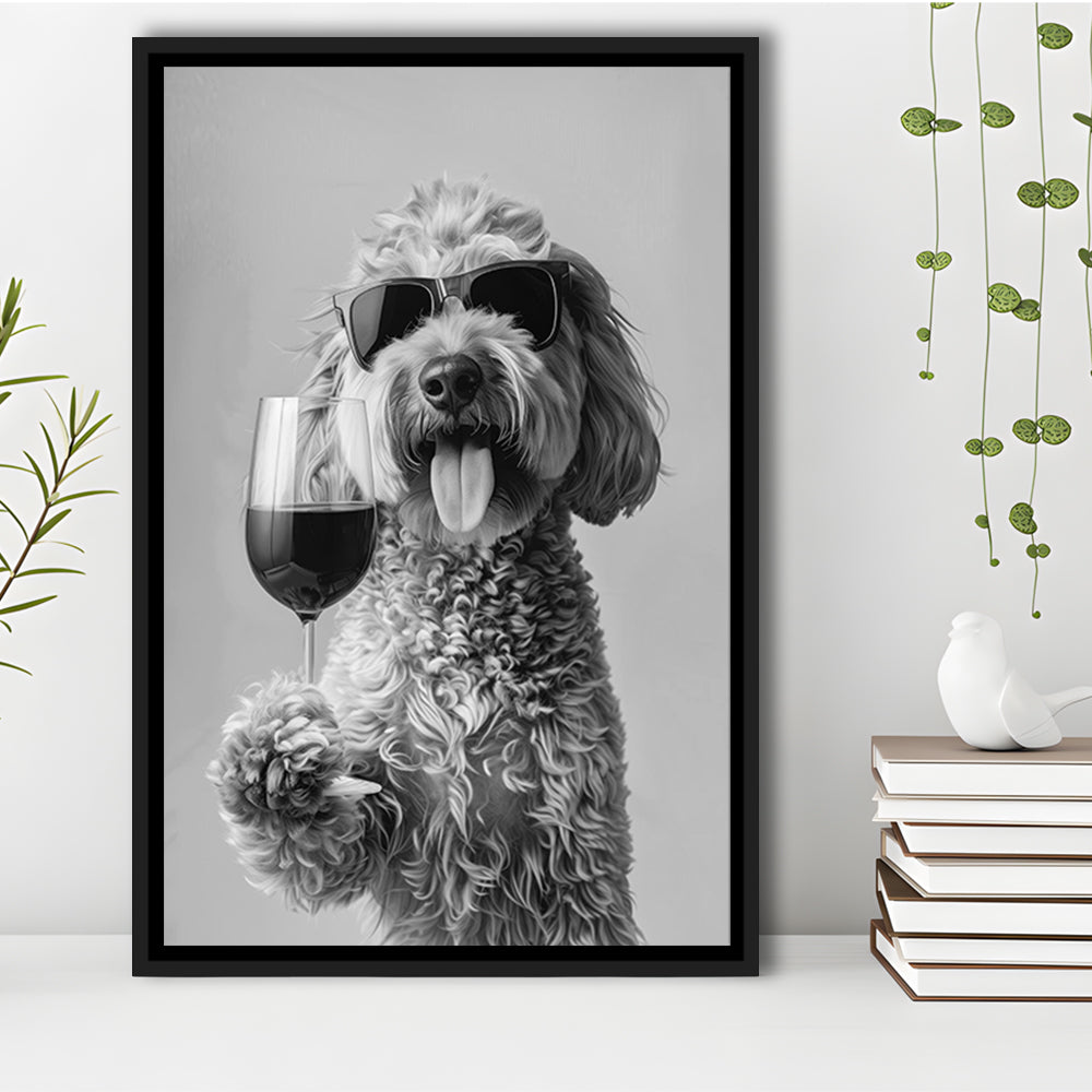 Goldendoodle Holding Red Wine Framed Canvas Print Wall Art, Black and White, Dog Gift, Bar Cart Print, Kitchen Wall Decor