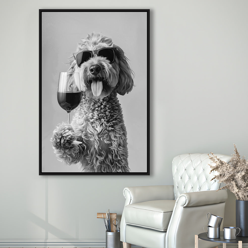 Goldendoodle Holding Red Wine Framed Canvas Print Wall Art, Black and White, Dog Gift, Bar Cart Print, Kitchen Wall Decor