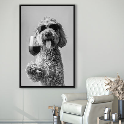Goldendoodle Holding Red Wine Framed Canvas Print Wall Art, Black and White, Dog Gift, Bar Cart Print, Kitchen Wall Decor